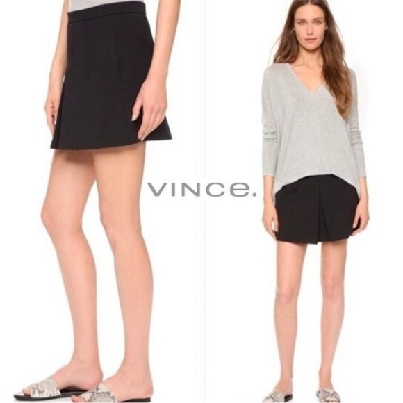 VINCE Skirt Preppy Center Pleat Pockets Linen Mini A Line Skirt Black Sz 6 - Picture 2 of 12
